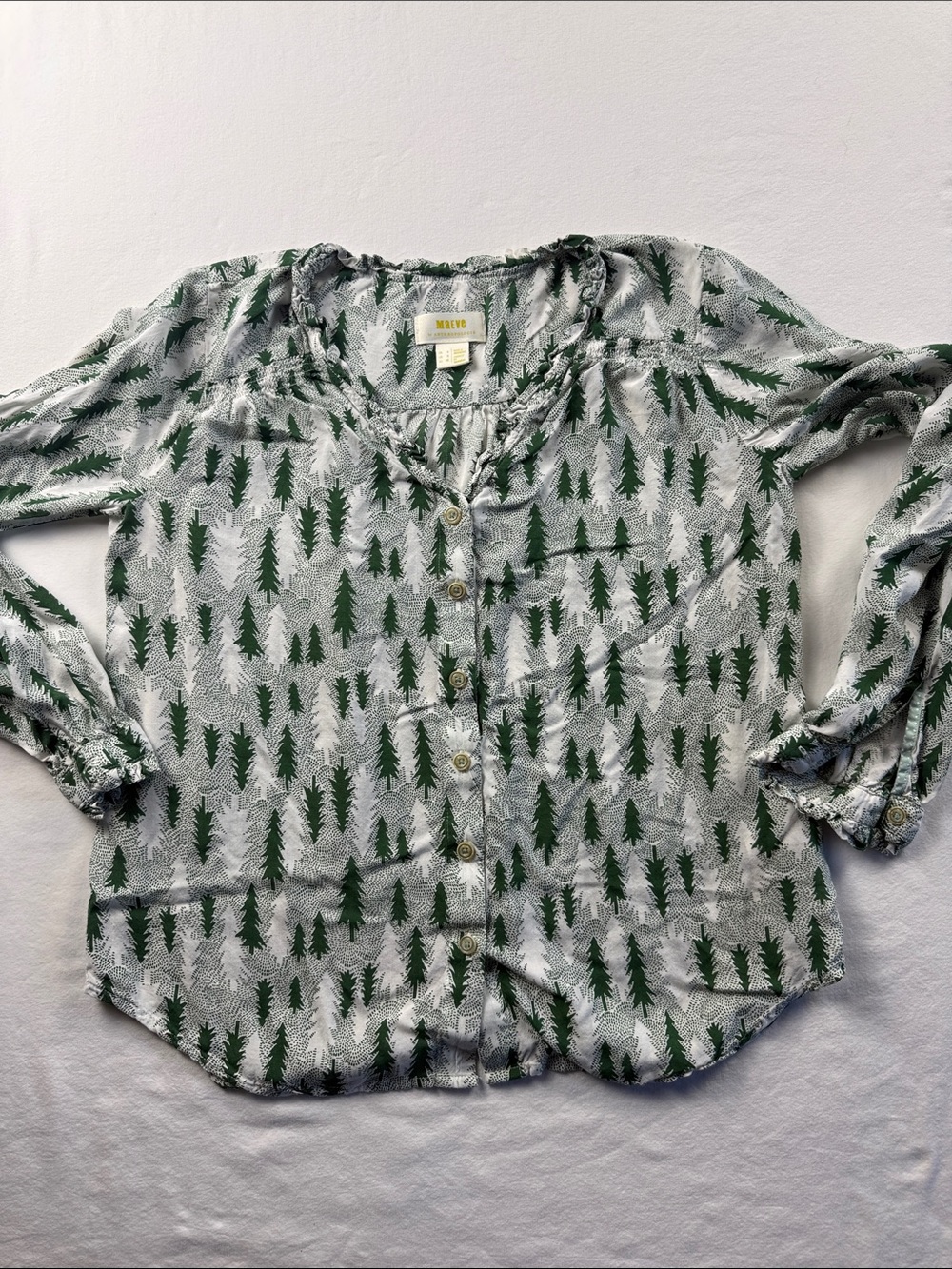 Maeve Green and White Evergreen Tree-Print Button Front Blouse